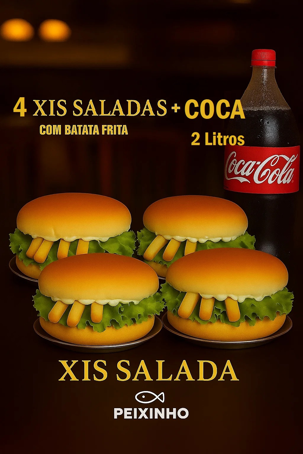 4 Xis Saladas c/fritas + 1 Coca 2 Litros